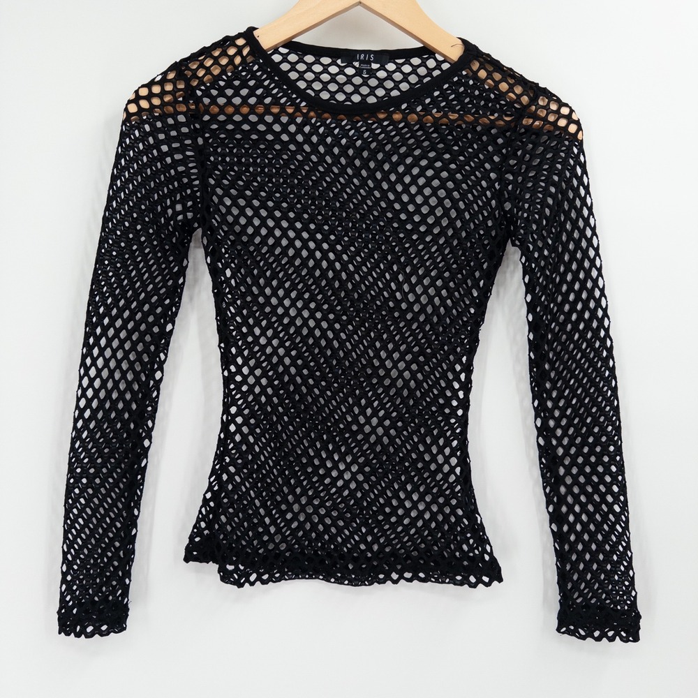 Iris Fishnet Mesh Top Womens‎ S Black Long Sleeve Goth Grunge Punk Rave Fitted